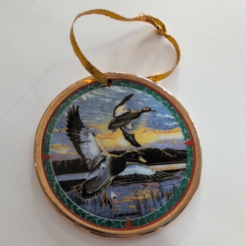 Vintage Round Porcelain Ornament By Bob Schmidt Featuring Ducks 2-sided - Picture 1 of 5
